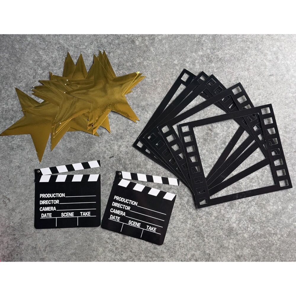LOT: Hollywood Star Photo Booth Props 15pc Gold Stars Film Reels Clapboard Decor